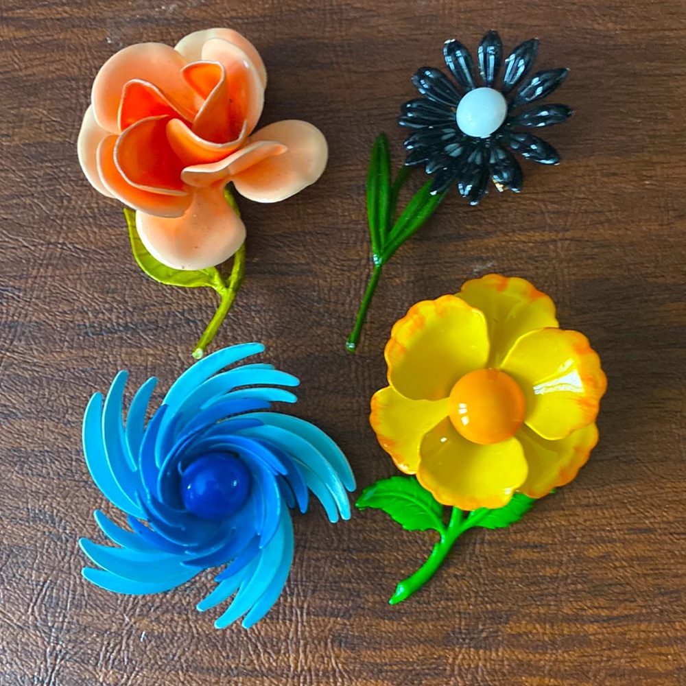 Vintage Enamel Metal Brooches Set of 4